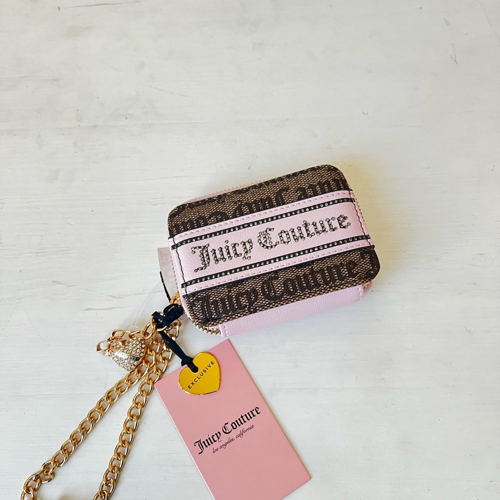 Luxe Juicy Couture Square Zip-Around Wallet Pink Taupe Brown Ribbon Heart Charm - Picture 9 of 10